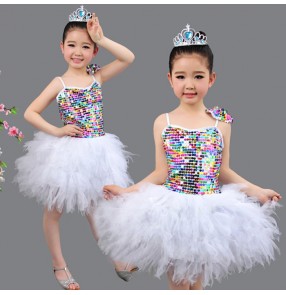 Silver white sequined girls kids children kindergarten toddlers modern dance stage performance party princess flower girls jazz dance school play outfits dresses